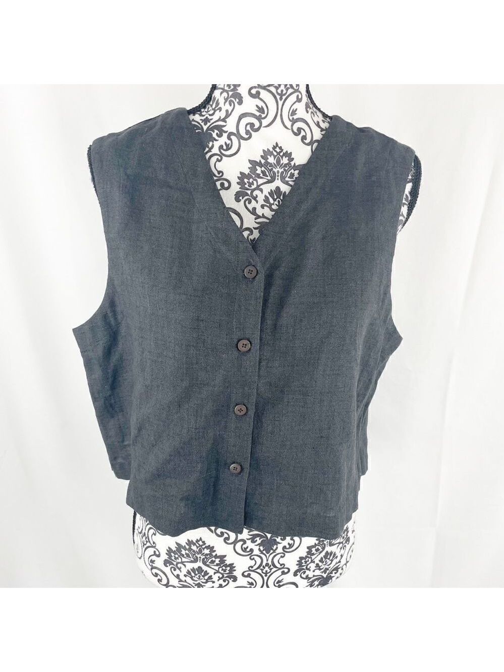 Eileen Fisher Houndstooth Linen Button Down Vest